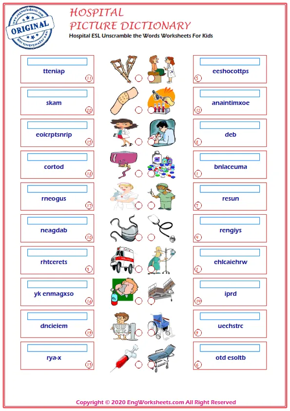 Hospital ESL Unscramble the Words Worksheets For Kids Worksheet Preview