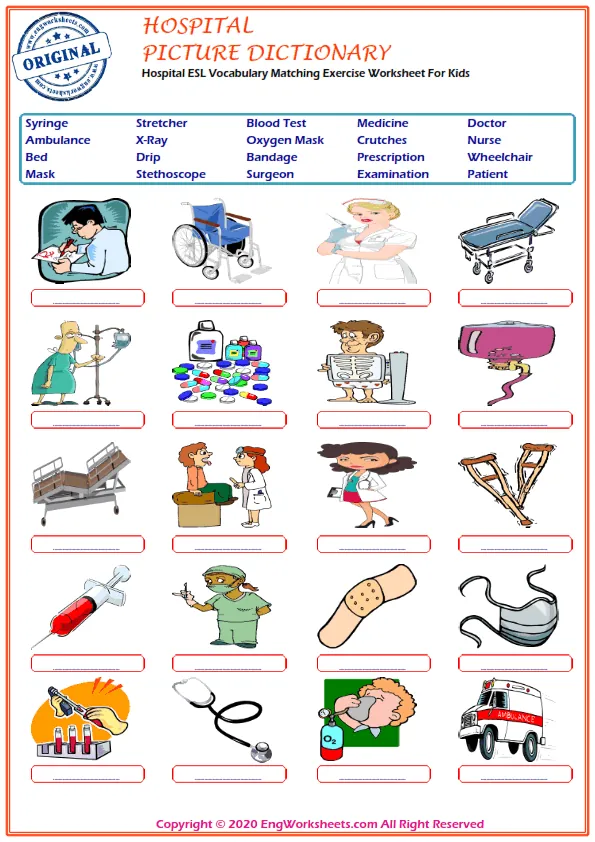 Hospital ESL Vocabulary Matching Exercise Worksheet For Kids Worksheet Preview
