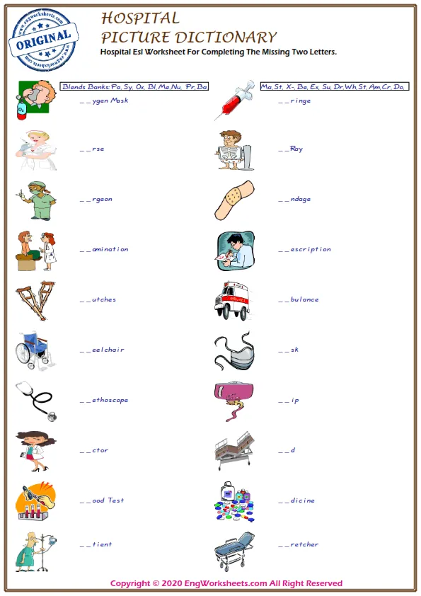 Hospital Esl Worksheet For Completing The Missing Two Letters. Worksheet Preview