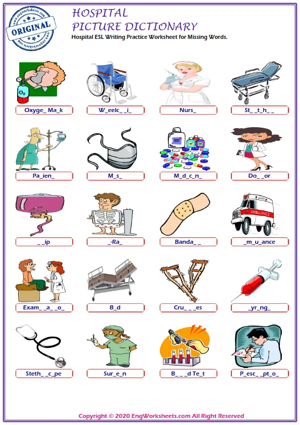 Hospital ESL Writing Practice Worksheet for Missing Words. Worksheet Preview
