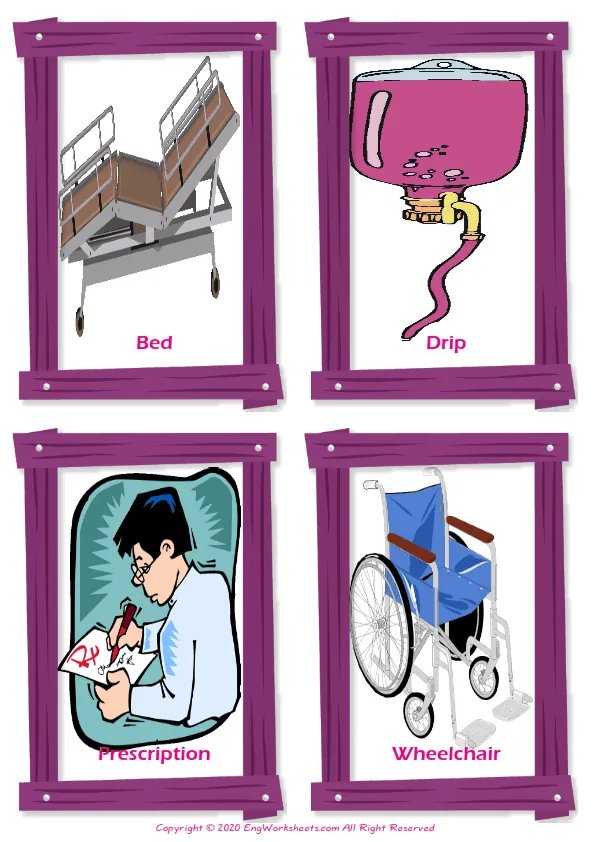 Hospital vocabulary worksheet with words, four images per page Worksheet Preview