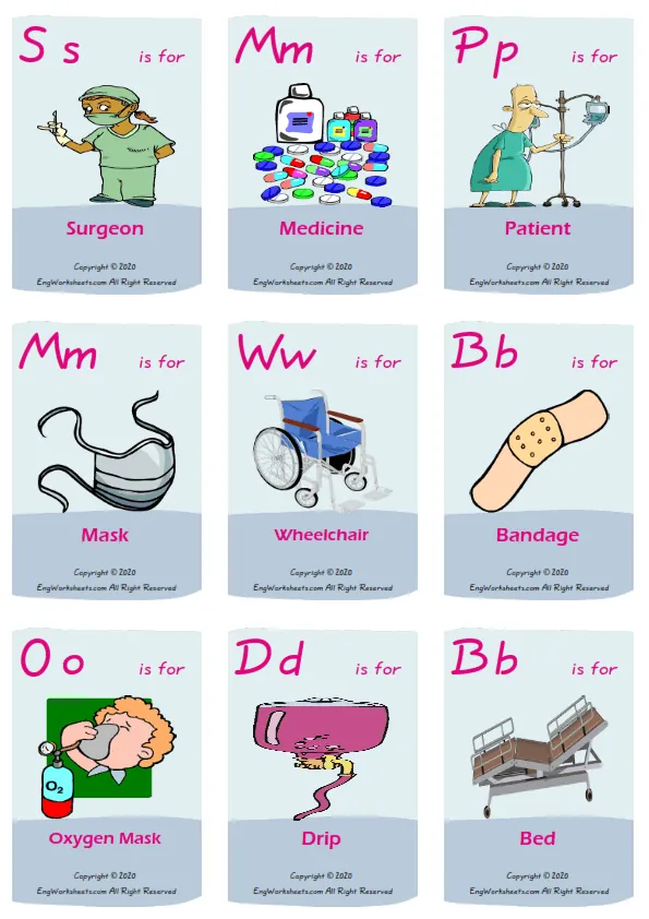 Hospital vocabulary worksheet with words, nine images per page