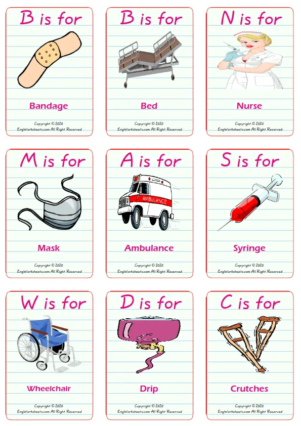 Hospital vocabulary worksheet with words, nine images per page