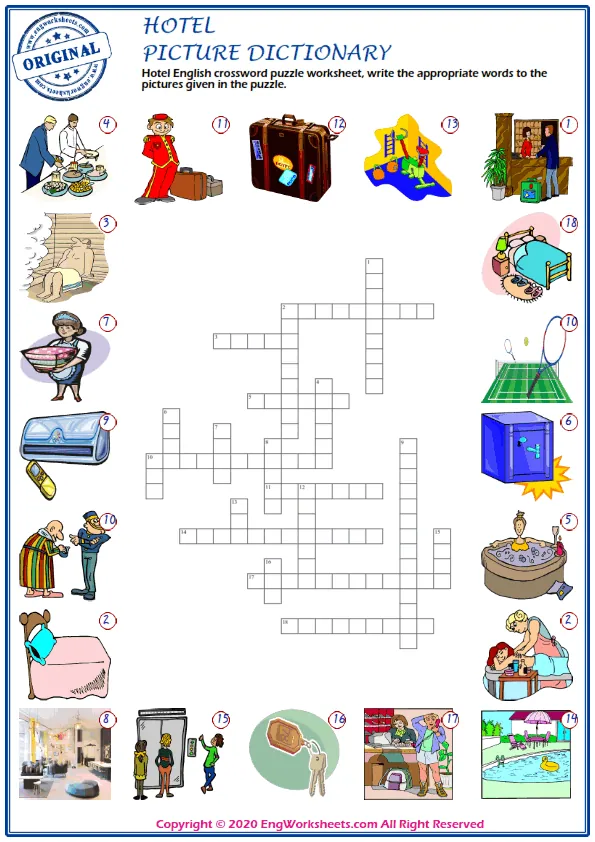 Hotel English crossword puzzle worksheet, write the appropriate words to the pictures given in the puzzle. Worksheet Preview