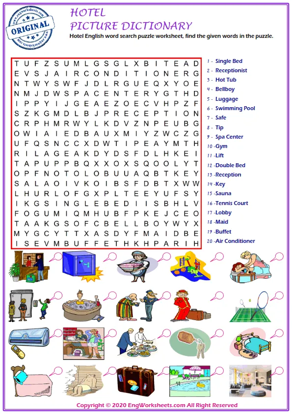Hotel English word search puzzle worksheet, find the given words in the puzzle. Worksheet Preview