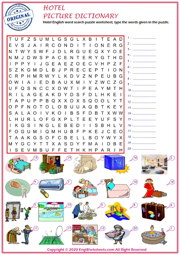 Hotel English word search puzzle worksheet, type the words given in the puzzle. Worksheet Preview