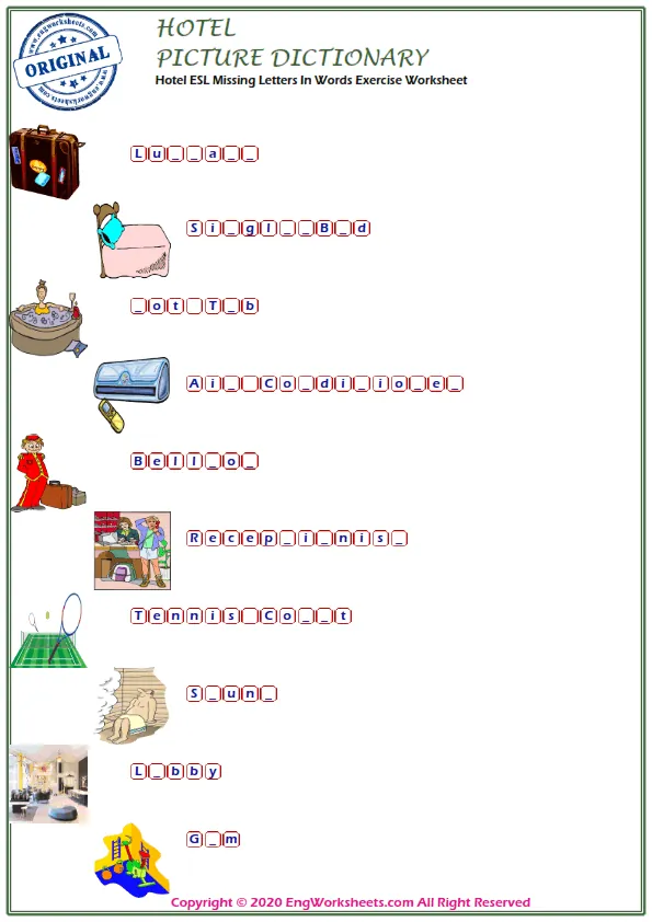 Hotel ESL Missing Letters In Words Exercise Worksheet Worksheet Preview