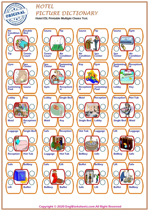 Hotel ESL Printable Multiple Choice Test. Worksheet Preview