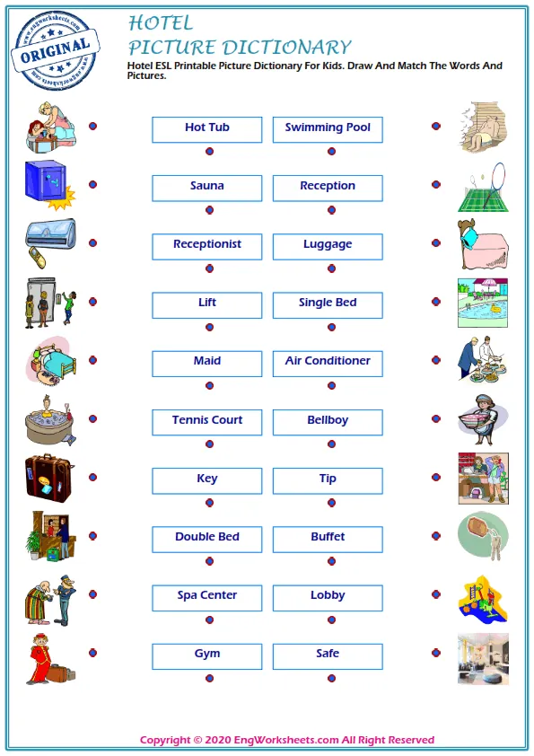 Hotel ESL Printable Picture Dictionary For Kids. Draw And Match The Words And Pictures. Worksheet Preview