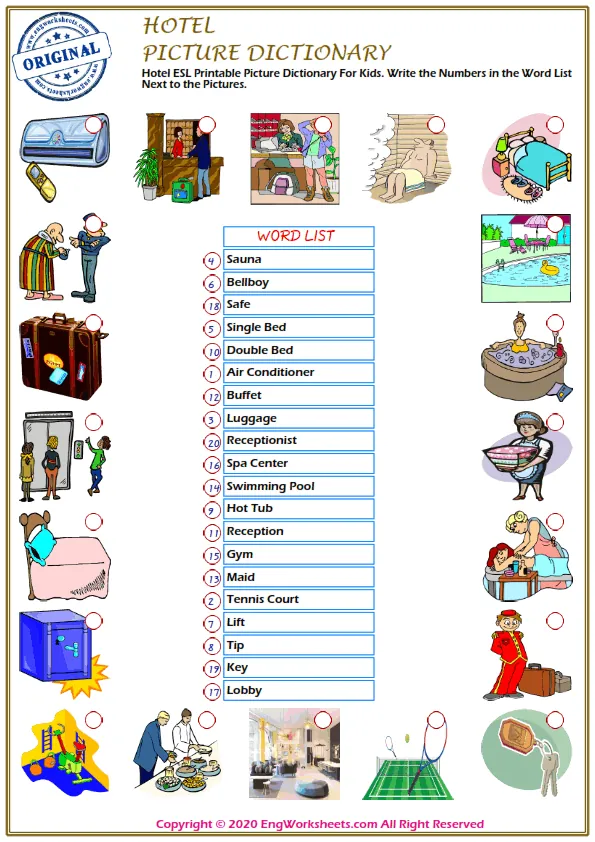Hotel ESL Printable Picture Dictionary For Kids. Write the Numbers in the Word List Next to the Pictures. Worksheet Preview
