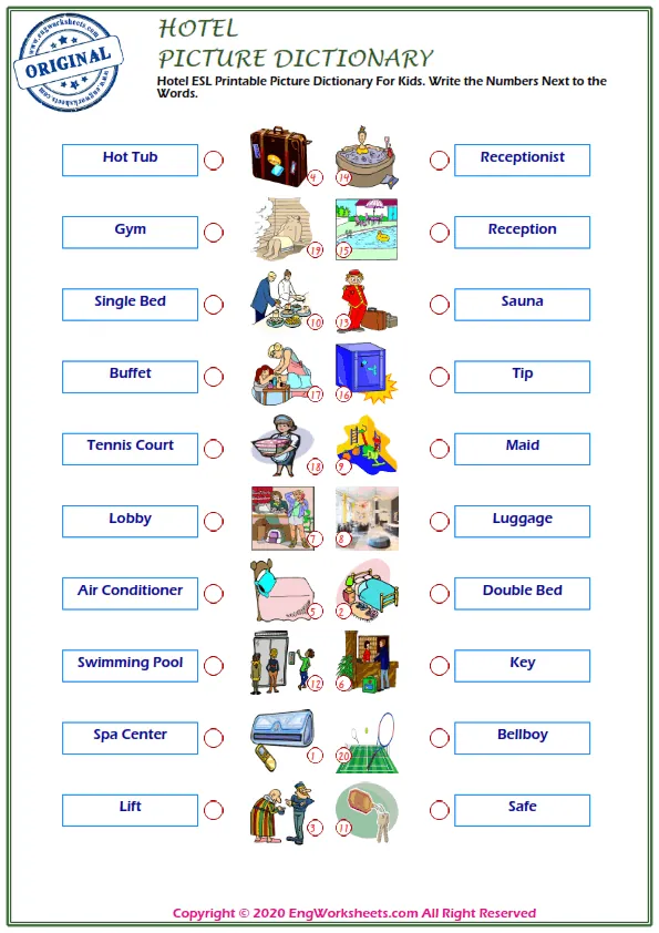 Hotel ESL Printable Picture Dictionary For Kids. Write the Numbers Next to the Words. Worksheet Preview