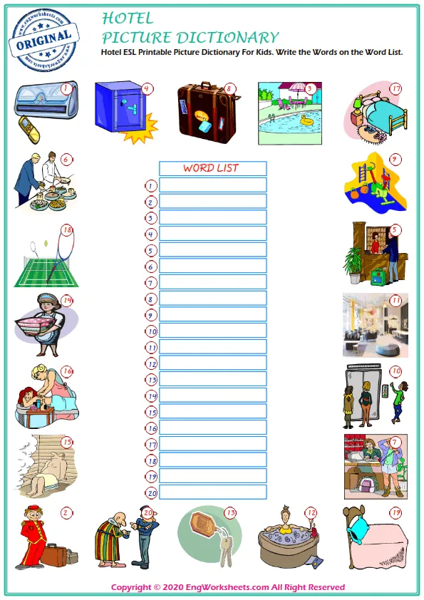 Hotel ESL Printable Picture Dictionary For Kids. Write the Words on the Word List. Worksheet Preview