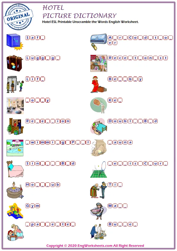 Hotel ESL Printable Unscramble the Words English Worksheet. Worksheet Preview