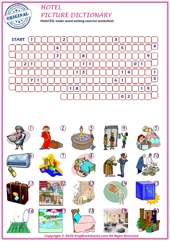 Hotel ESL snake word writing exercise worksheet. Worksheet Preview