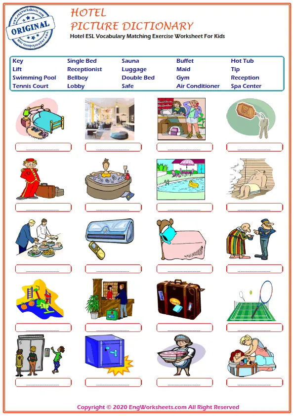 Hotel ESL Vocabulary Matching Exercise Worksheet For Kids Worksheet Preview