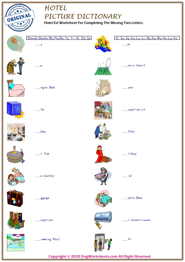 Hotel Esl Worksheet For Completing The Missing Two Letters. Worksheet Preview