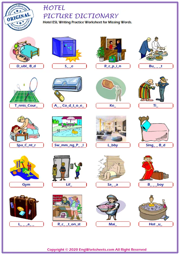Hotel ESL Writing Practice Worksheet for Missing Words. Worksheet Preview