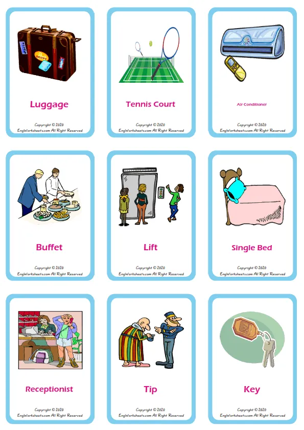 Hotel vocabulary worksheet with words, nine images per page Worksheet Preview
