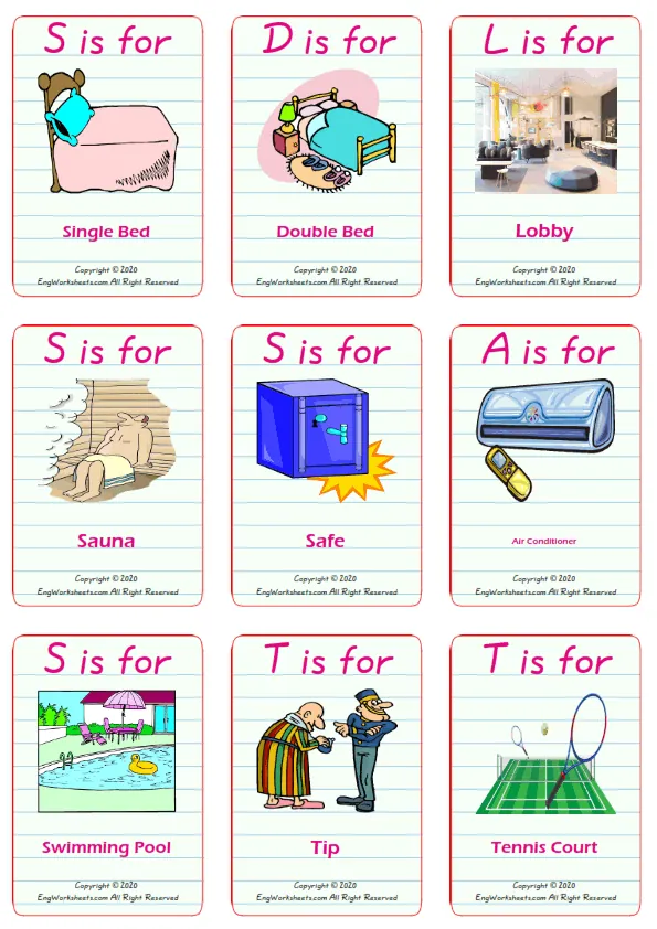 Hotel vocabulary worksheet with words, nine images per page Worksheet Preview
