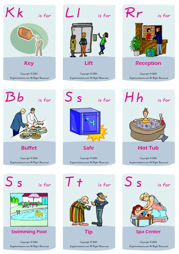 Hotel vocabulary worksheet with words, nine images per page Worksheet Preview