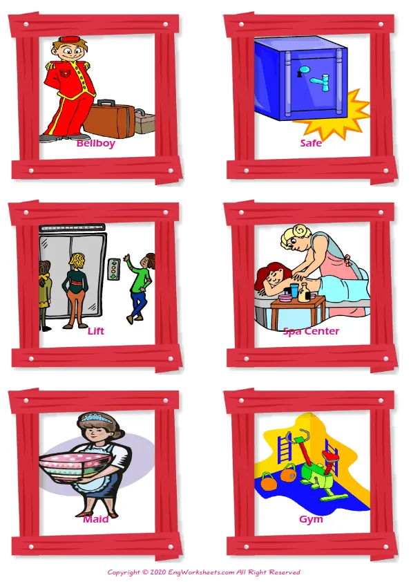 Hotel vocabulary worksheet with words, six images per page Worksheet Preview