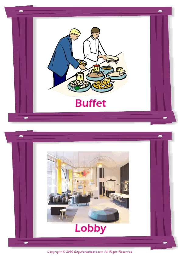 Hotel vocabulary worksheet with words, two images per page Worksheet Preview