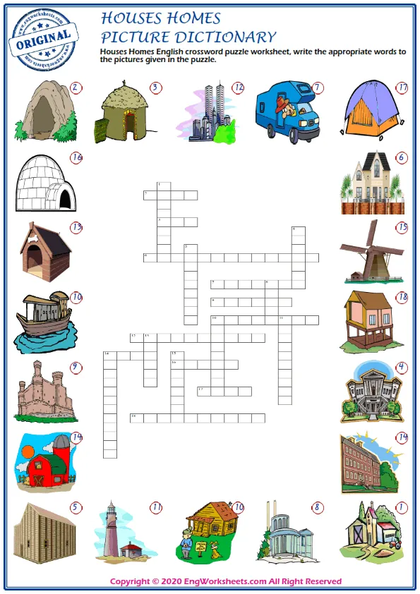 Houses Homes English crossword puzzle worksheet, write the appropriate words to the pictures given in the puzzle. Worksheet Preview