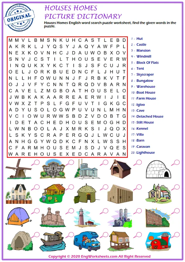 Houses Homes English word search puzzle worksheet, find the given words in the puzzle. Worksheet Preview