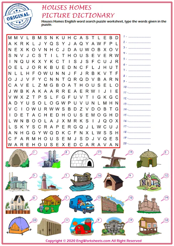 Houses Homes English word search puzzle worksheet, type the words given in the puzzle.