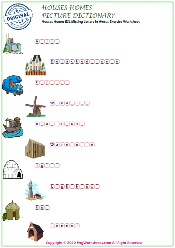 Houses Homes ESL Missing Letters In Words Exercise Worksheet