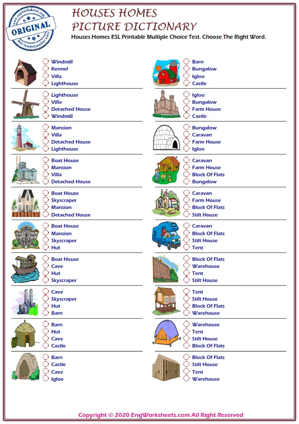 Houses Homes ESL Printable Multiple Choice Test. Choose The Right Word.