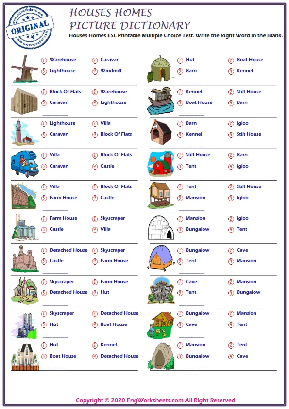 Houses Homes ESL Printable Multiple Choice Test. Write the Right Word in the Blank.