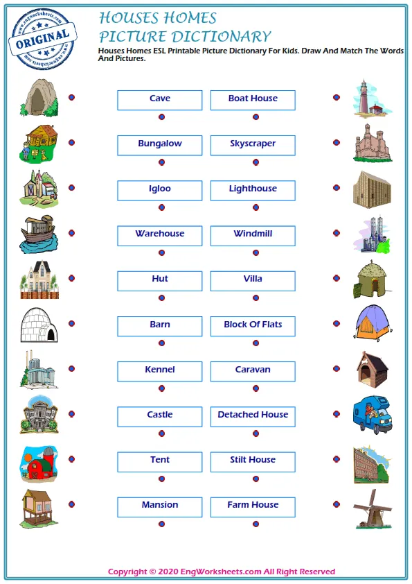 Houses Homes ESL Printable Picture Dictionary For Kids. Draw And Match The Words And Pictures. Worksheet Preview