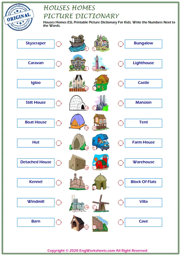 Houses Homes ESL Printable Picture Dictionary For Kids. Write the Numbers Next to the Words.