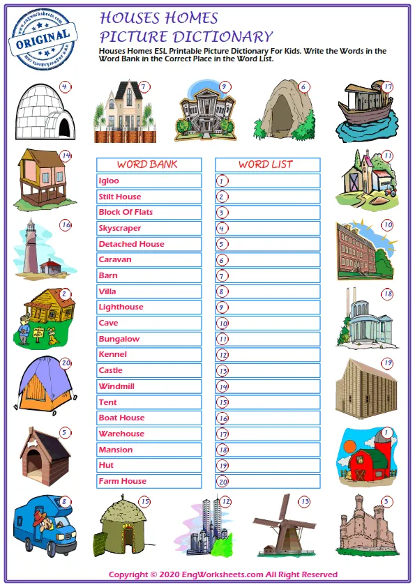 Houses Homes ESL Printable Picture Dictionary For Kids. Write the Words in the Word Bank in the Correct Place in the Word List.