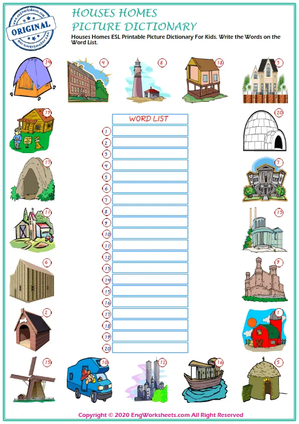 Houses Homes ESL Printable Picture Dictionary For Kids. Write the Words on the Word List.