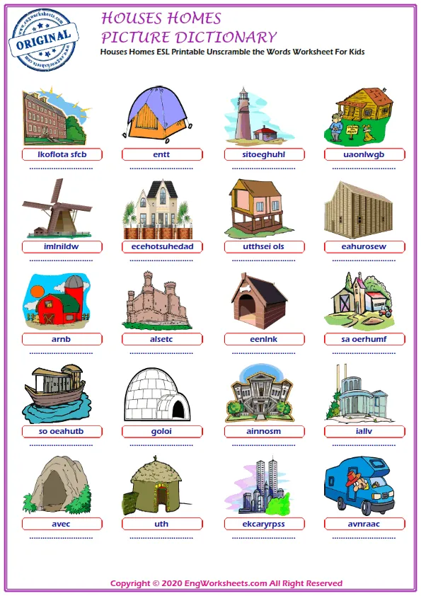 Houses Homes ESL Printable Unscramble the Words Worksheet For Kids