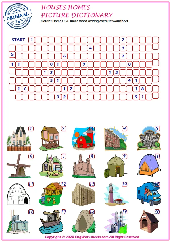 Houses Homes ESL snake word writing exercise worksheet.
