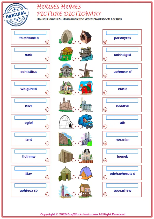 Houses Homes ESL Unscramble the Words Worksheets For Kids