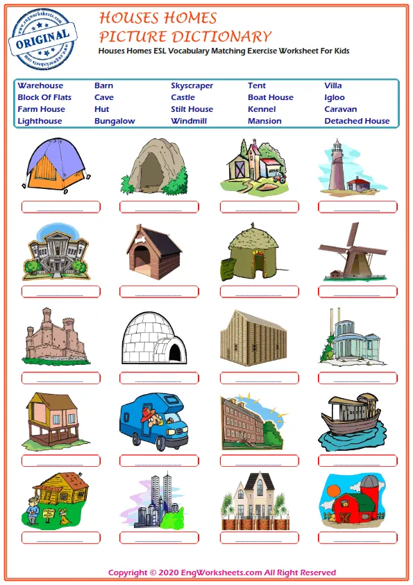 Houses Homes ESL Vocabulary Matching Exercise Worksheet For Kids Worksheet Preview