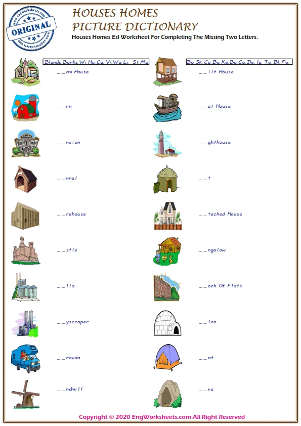 Houses Homes Esl Worksheet For Completing The Missing Two Letters.