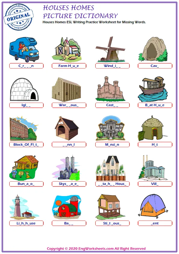 Houses Homes ESL Writing Practice Worksheet for Missing Words.