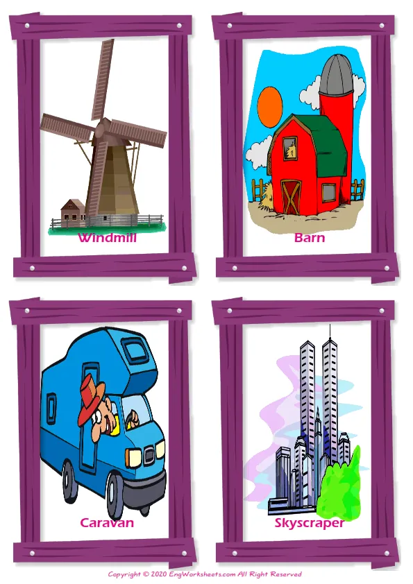 Houses Homes vocabulary worksheet with words, four images per page