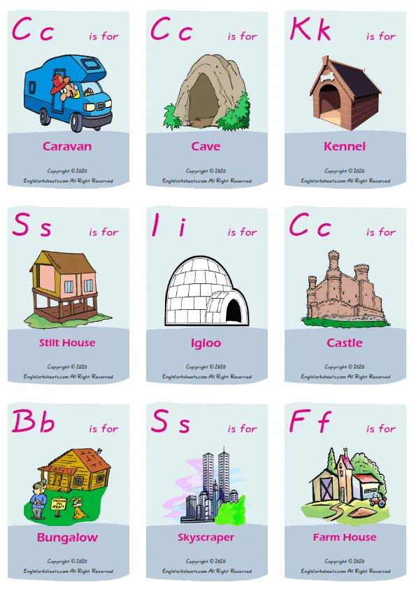 Houses Homes vocabulary worksheet with words, nine images per page
