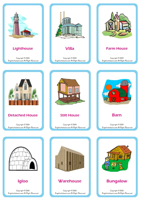 Houses Homes vocabulary worksheet with words, nine images per page
