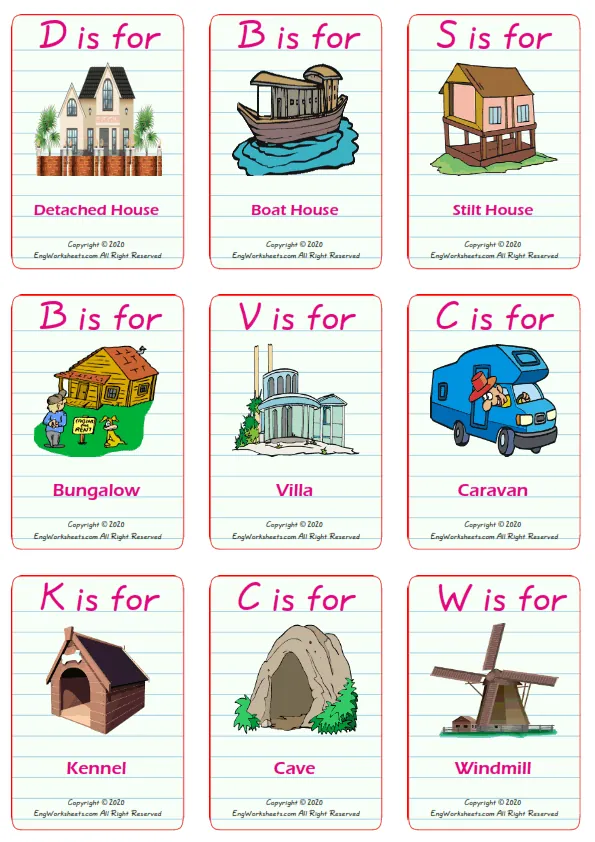 Houses Homes vocabulary worksheet with words, nine images per page