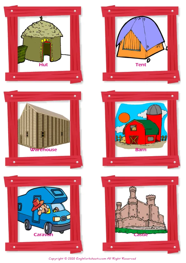 Houses Homes vocabulary worksheet with words, six images per page