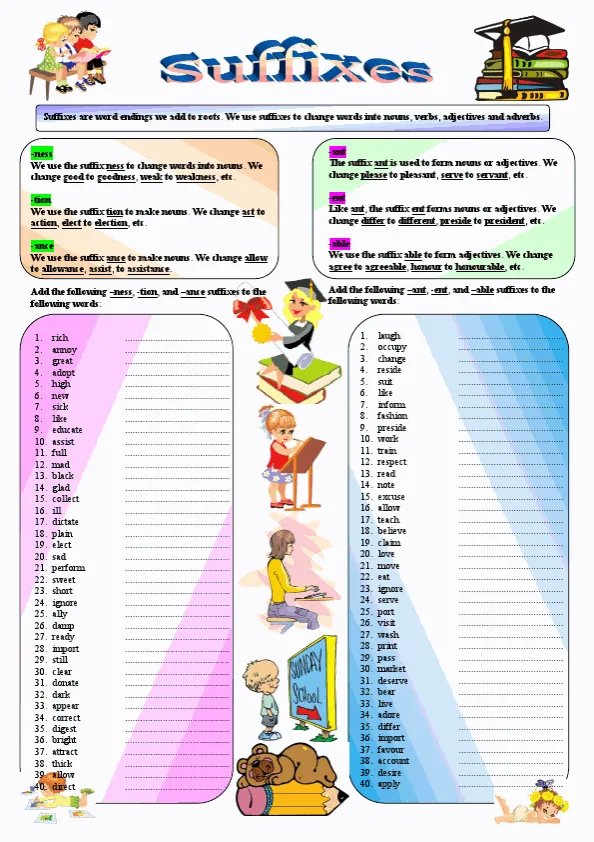 Suffixes - When, Why How To Use -Ness, -Tion, -Ance, -Ant, -Ent, -Able Worksheet Preview