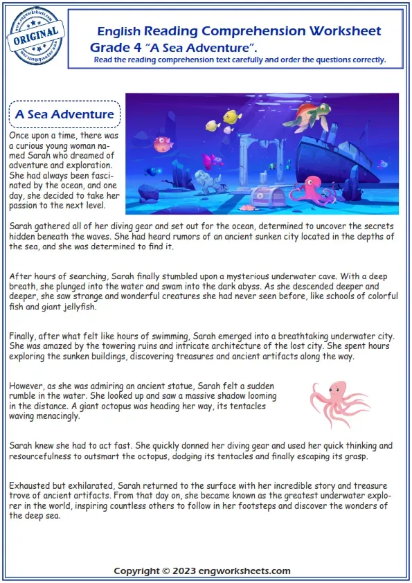 Reading Comprehension Worksheets - English Reading Comprehension Worksheet Grade 4 A Sea Adventure.