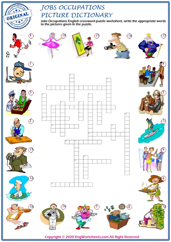 Jobs Occupations English crossword puzzle worksheet, write the appropriate words to the pictures given in the puzzle. Worksheet Preview
